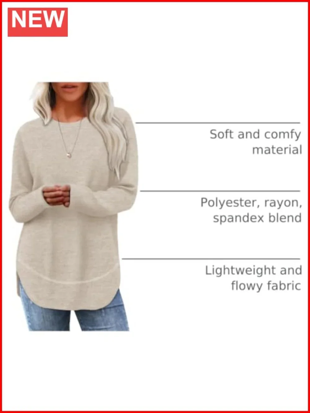 Women's Long Sleeve Tunic Top Loose Fit Crew Neck Pullover Blouse